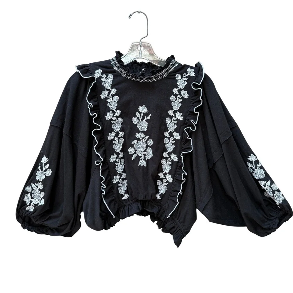 Free People Embroider Me Top Ruffle‎ Balloon Sleeve Blouse Black XS